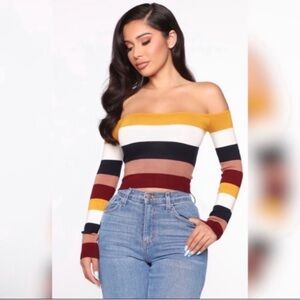 Knit Crop top Sz M Striped off Shoulder mustard yellow white Burgundy navy